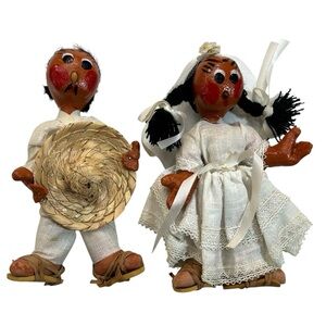 Vintage Wedding Couple Mexico 7” Handmade Paper Mache Dolls Souvenir Folk Art
